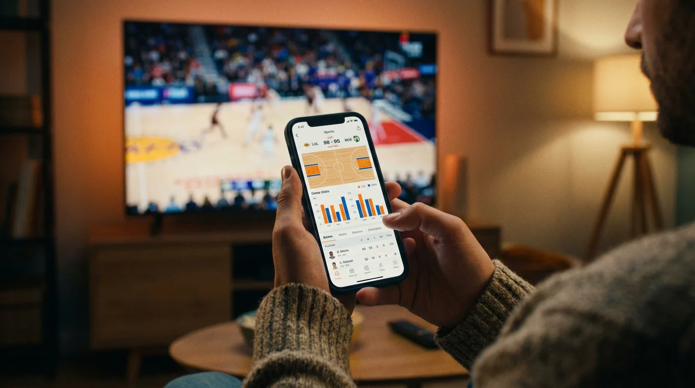 Pessoa a consultar mercados de apostas de basquetebol no telemóvel durante um jogo ao vivo