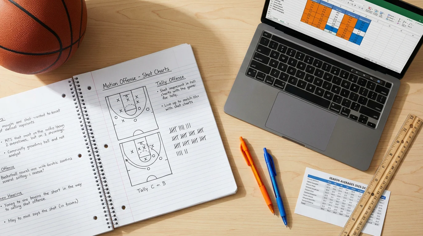 Caderno de análise com anotações sobre métricas de basquetebol e registos ATS ao lado de um computador portátil