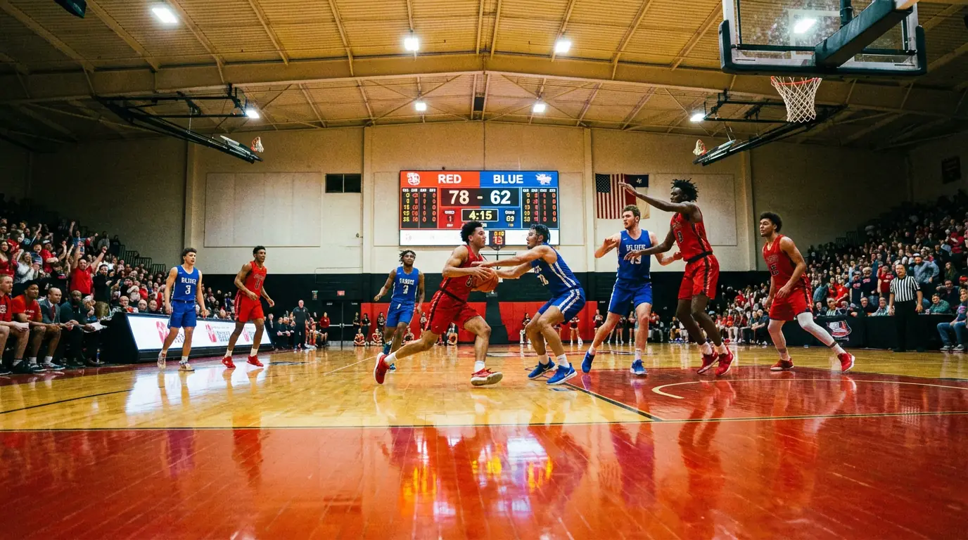 Jogo de basquetebol com diferencial de pontos visível no marcador eletrónico do pavilhão